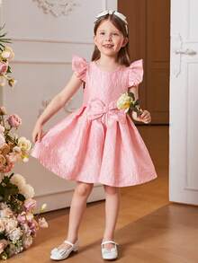 SHEIN 女童粉色提花緞面梭織花卉荷葉袖洋裝帶蝴蝶結裝飾和A字形下擺 - 珊瑚粉 - 查看 4