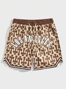 ROMWE MEN Street Life 男士交叉字母圖案條紋飾邊腰部抽繩短褲 - 杏色 - 查看 1