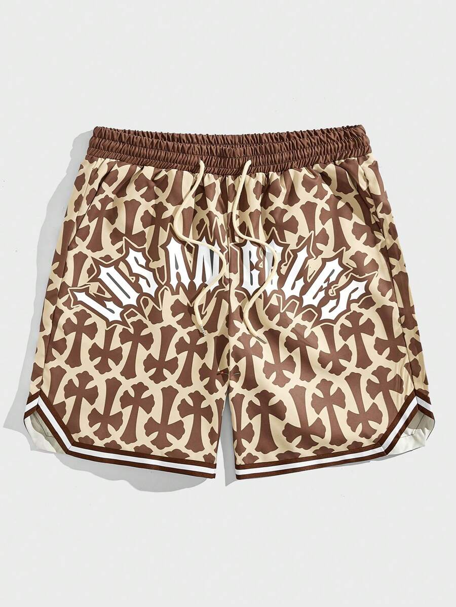 ROMWE MEN Street Life 男士交叉字母圖案條紋飾邊腰部抽繩短褲 - 杏色 - 查看 1