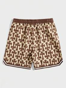 ROMWE MEN Street Life 男士交叉字母圖案條紋飾邊腰部抽繩短褲 - 杏色 - 查看 2