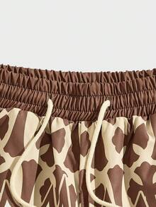 ROMWE MEN Street Life 男士交叉字母圖案條紋飾邊腰部抽繩短褲 - 杏色 - 查看 3