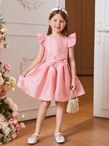 SHEIN 女童粉色提花緞面梭織花卉荷葉袖洋裝帶蝴蝶結裝飾和A字形下擺 - 珊瑚粉 - 查看 6