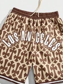 ROMWE MEN Street Life 男士交叉字母圖案條紋飾邊腰部抽繩短褲 - 杏色 - 查看 4