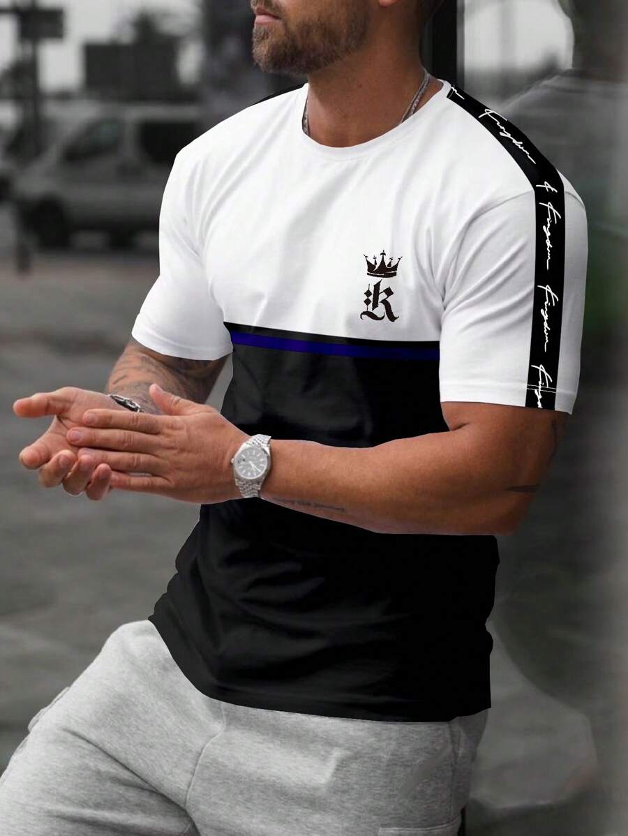 Manfinity Homme Men Letter Tape Colorblock Tee - Black and White - View 1