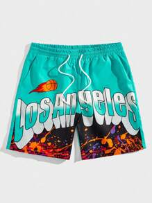 ROMWE MEN Street Life 男士字母圖形束口腰短褲 - 綠色 - 查看 1