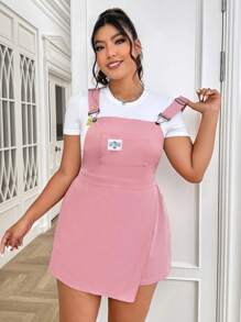 SHEIN EZwear Plus Letter Patched Detail Pinafore Romper Without Tee - Baby Pink - View 1