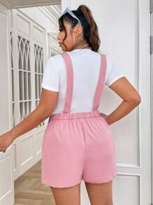 SHEIN EZwear Plus Letter Patched Detail Pinafore Romper Without Tee - Baby Pink - View 2