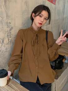 Solid Tie Neck Button Through Shirt - Coffee Brown - View 1