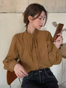 Solid Tie Neck Button Through Shirt - Coffee Brown - View 4