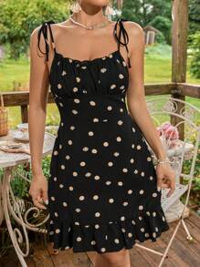 Soleia 印花肩上打結胸部褶皺荷葉邊吊帶洋裝 - 黑色 - 查看 3