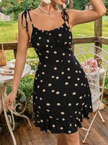 Soleia 印花肩上打結胸部褶皺荷葉邊吊帶洋裝 - 黑色 - 查看 5