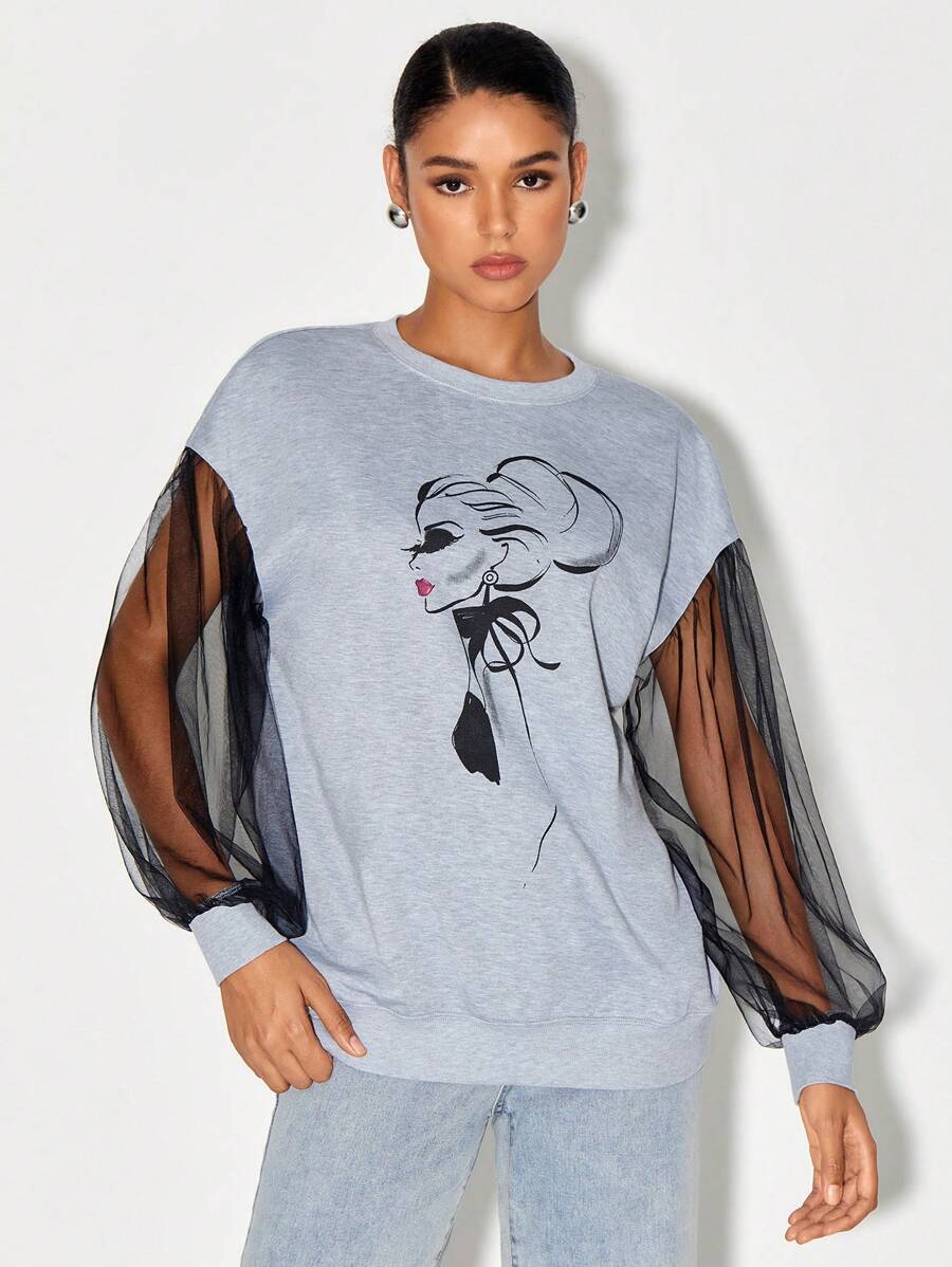 Patrizia Terranova Figure Graphic Contrast Mesh Sleeve Sweatshirt - Light Grey - View 1