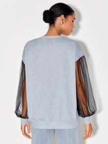 Patrizia Terranova Figure Graphic Contrast Mesh Sleeve Sweatshirt - Light Grey - View 2