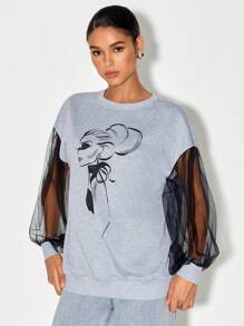 Patrizia Terranova Figure Graphic Contrast Mesh Sleeve Sweatshirt - Light Grey - View 3