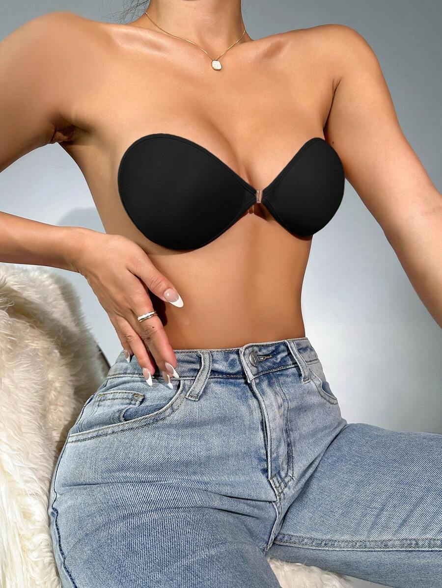前搭扣素色文胸 - 黑色 - 查看 1