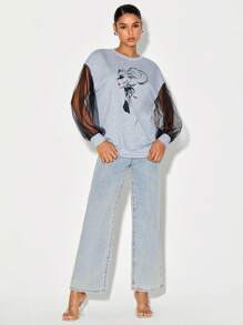 Patrizia Terranova Figure Graphic Contrast Mesh Sleeve Sweatshirt - Light Grey - View 4