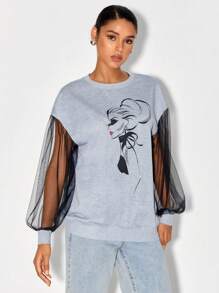 Patrizia Terranova Figure Graphic Contrast Mesh Sleeve Sweatshirt - Light Grey - View 5