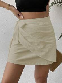 Chiquease Váy nữ Thắt nút Trọn gói Dây kéo màu trơn Boho - Màu Khaki - Xem 1