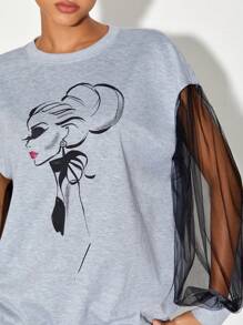 Patrizia Terranova Figure Graphic Contrast Mesh Sleeve Sweatshirt - Light Grey - View 6