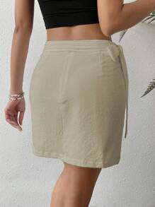 Chiquease Váy nữ Thắt nút Trọn gói Dây kéo màu trơn Boho - Màu Khaki - Xem 2