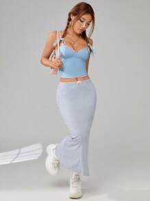 SHEIN Qutie 肩上打結蕾絲邊吊帶上衣 - 淺藍色 - 查看 3