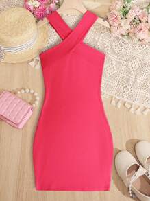 SHEIN Girls Solid Halter Neck Dress - Hot Pink - View 1
