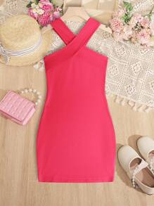 SHEIN Girls Solid Halter Neck Dress - Hot Pink - View 2