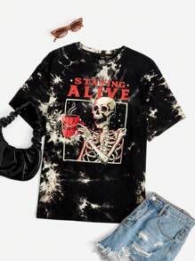 Eduely 艺术家深色扎染骷髅和字母图案 T 恤，适合夏季，100% 纯棉，假日、度假、节日、伊比沙岛风格、西方服饰 - 黑與白 - 查看 1