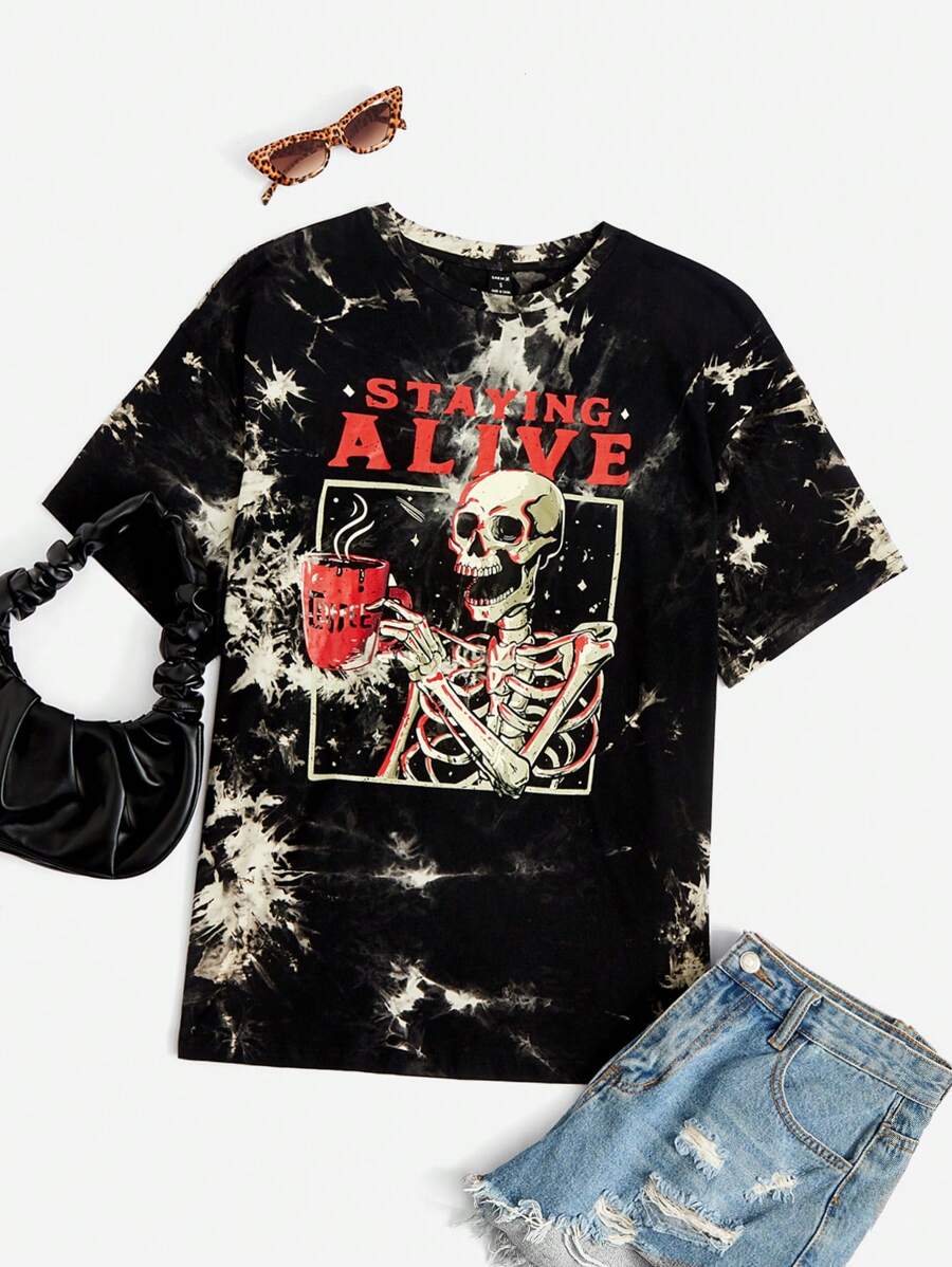 Eduely 艺术家深色扎染骷髅和字母图案 T 恤，适合夏季，100% 纯棉，假日、度假、节日、伊比沙岛风格、西方服饰 - 黑與白 - 查看 1