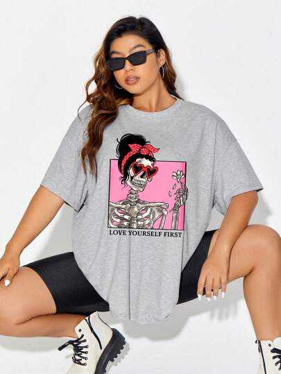 Ashley Baxter Artist Plus 骷髅和标语图案落肩长款 T 恤，适合夏季、棉质、假日、度假