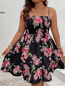 SHEIN Holidaya Đầm Plus Size Viên lá sen Dải chun Hoa Tất cả trên in Boho - màu đen - Xem 2