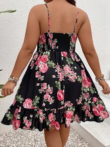 SHEIN Holidaya Đầm Plus Size Viên lá sen Dải chun Hoa Tất cả trên in Boho - màu đen - Xem 3