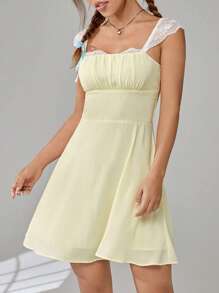 SHEIN Qutie Vestido con encaje en contraste pecho con fruncido - Amarillo - Ver 4