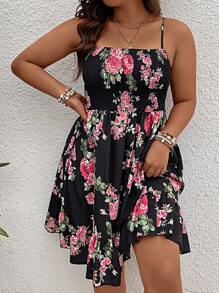 SHEIN Holidaya Đầm Plus Size Viên lá sen Dải chun Hoa Tất cả trên in Boho - màu đen - Xem 1