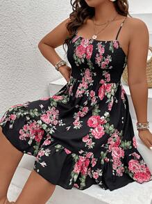 SHEIN Holidaya Đầm Plus Size Viên lá sen Dải chun Hoa Tất cả trên in Boho - màu đen - Xem 4