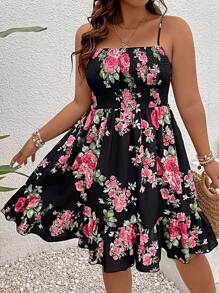 SHEIN Holidaya Đầm Plus Size Viên lá sen Dải chun Hoa Tất cả trên in Boho - màu đen - Xem 5