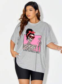 Ashley Baxter Artist Plus 骷髅和标语图案落肩长款 T 恤，适合夏季、棉质、假日、度假 - 淺灰色 - 查看 6