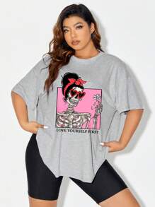 Ashley Baxter Artist Plus 骷髅和标语图案落肩长款 T 恤，适合夏季、棉质、假日、度假 - 淺灰色 - 查看 7