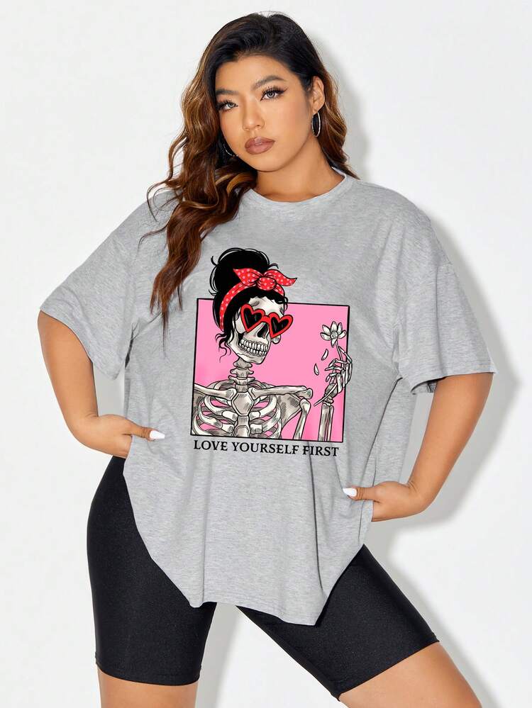 Ashley Baxter Artist Plus 骷髅和标语图案落肩长款 T 恤，适合夏季、棉质、假日、度假 - 淺灰色 - 查看 7