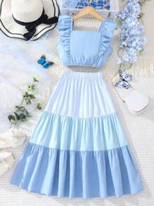 SHEIN Girls Ruffle Trim Cami Top & Colourblock Flounce Hem Skirt - Blue - View 1