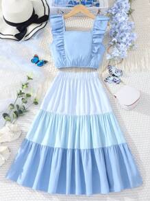 SHEIN Girls Ruffle Trim Cami Top & Colourblock Flounce Hem Skirt - Blue - View 2
