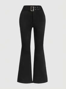 SHEIN 大碼金屬氣眼腰帶牛仔喇叭褲 - 黑色 - 查看 1