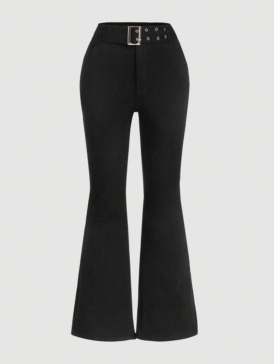 SHEIN 大碼金屬氣眼腰帶牛仔喇叭褲 - 黑色 - 查看 1