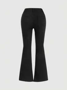 SHEIN 大碼金屬氣眼腰帶牛仔喇叭褲 - 黑色 - 查看 2