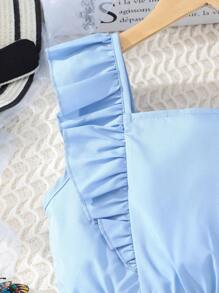 SHEIN Girls Ruffle Trim Cami Top & Colourblock Flounce Hem Skirt - Blue - View 8