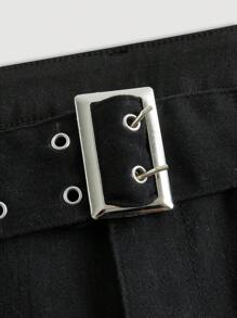 SHEIN 大碼金屬氣眼腰帶牛仔喇叭褲 - 黑色 - 查看 3