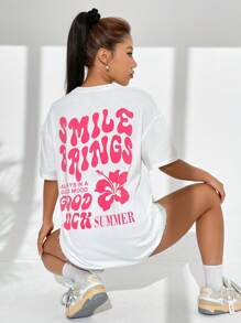 SHEIN Qutie 花和標語圖案落肩T恤 - 白色 - 查看 5