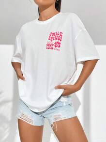 SHEIN Qutie 花和標語圖案落肩T恤 - 白色 - 查看 6