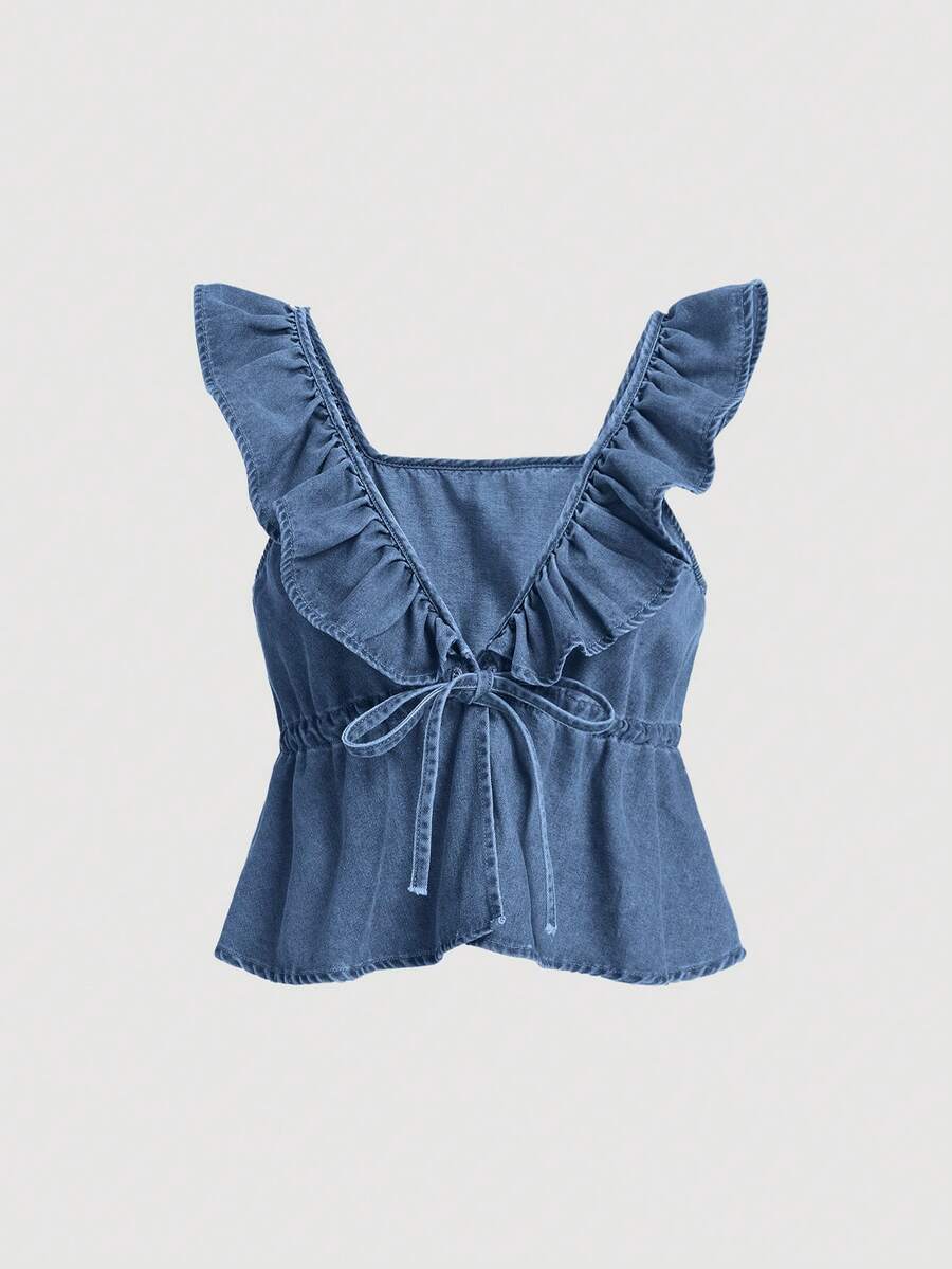 SHEIN ICON Áo khoác denim nữ Xù Viên lá sen Thắt nơ trước màu trơn Giải trí - Rửa trung bình - Xem 1