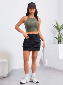 SHEIN EZwear Top halter crop unicolor - Verde militar - Ver 4